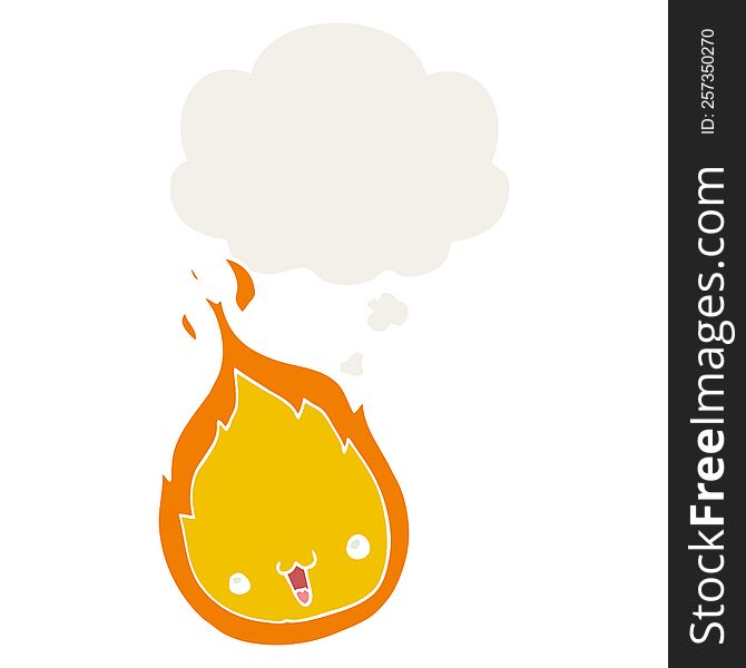 cute cartoon flame with thought bubble in retro style