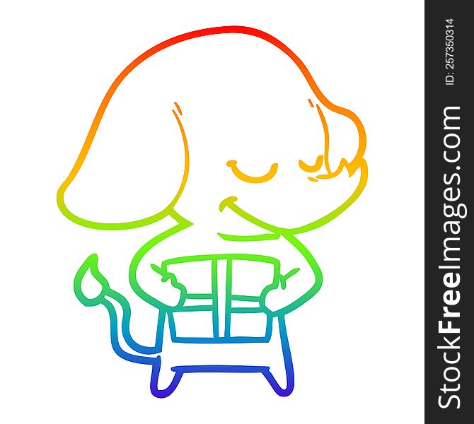 Rainbow Gradient Line Drawing Cartoon Smiling Elephant With Present