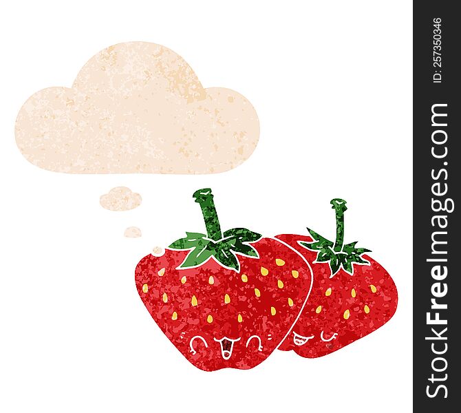 Cartoon Strawberries And Thought Bubble In Retro Textured Style