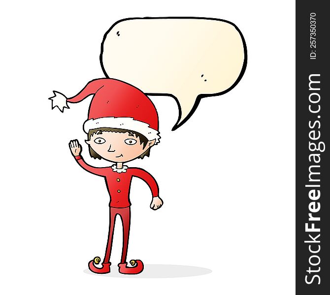 Cartoon Waving Christmas Elf With Speech Bubble