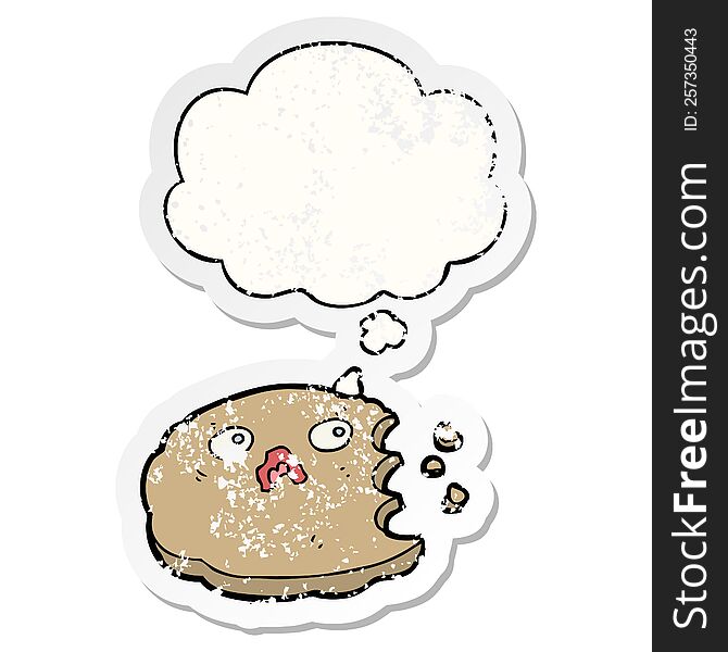 Cartoon Cookie And Thought Bubble As A Distressed Worn Sticker