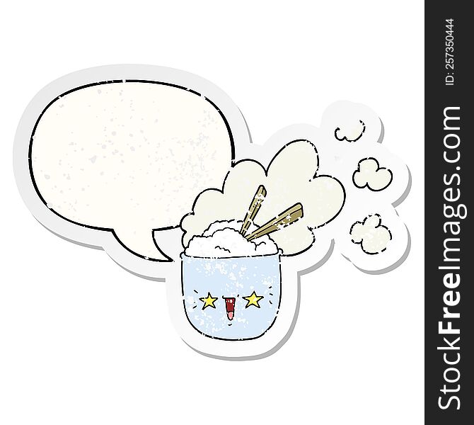 Cute Cartoon Hot Rice Bowl And Speech Bubble Distressed Sticker