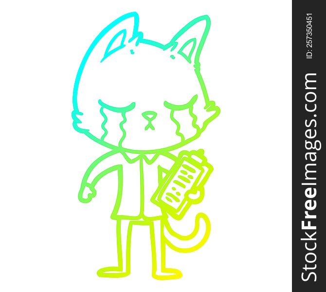 cold gradient line drawing of a crying cartoon business cat