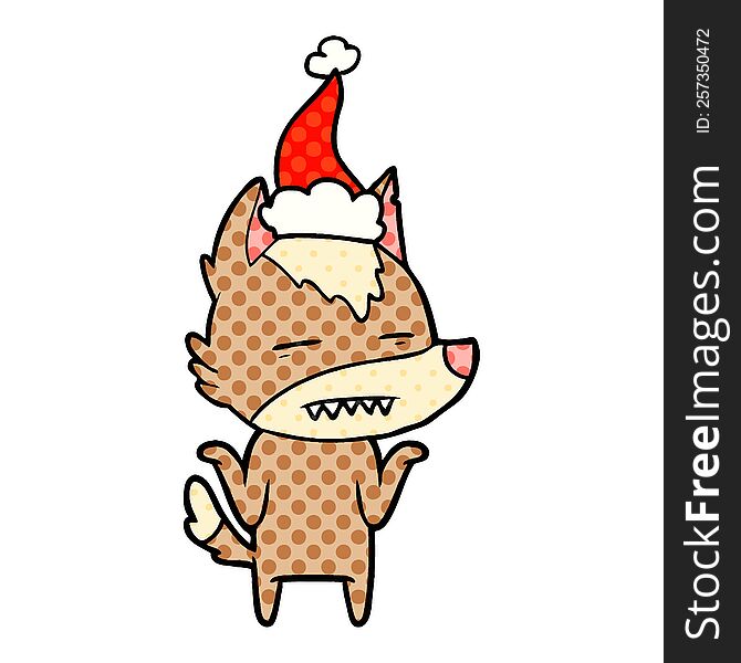 hand drawn comic book style illustration of a wolf showing teeth wearing santa hat