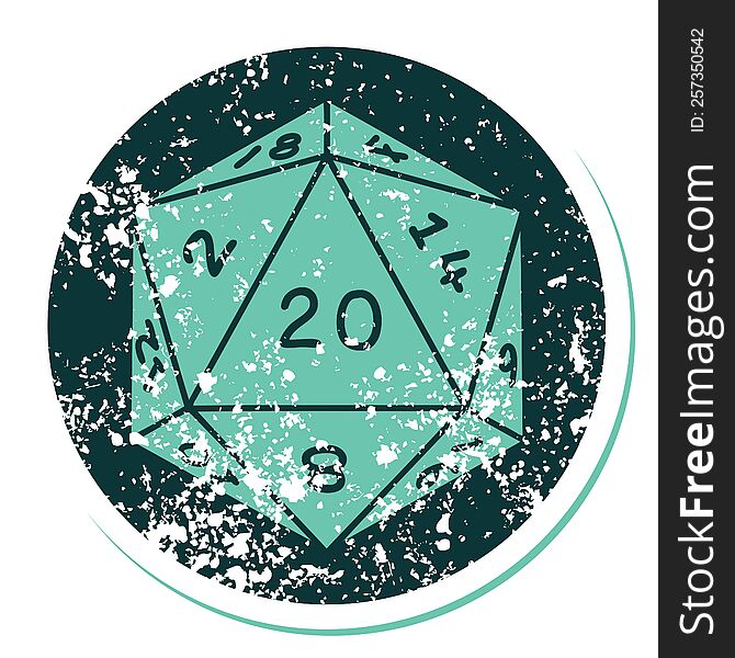Distressed Sticker Tattoo Style Icon Of A D20 Dice