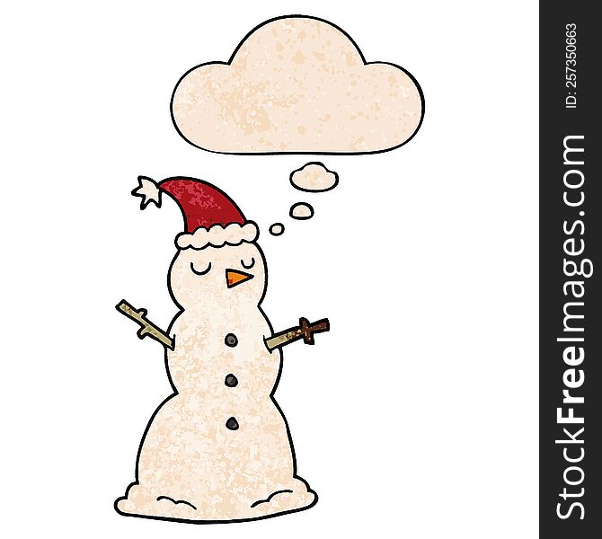Cartoon Snowman And Thought Bubble In Grunge Texture Pattern Style