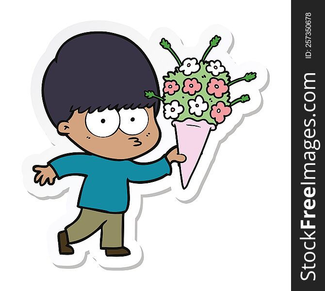 sticker of a nervous cartoon boy with flowers