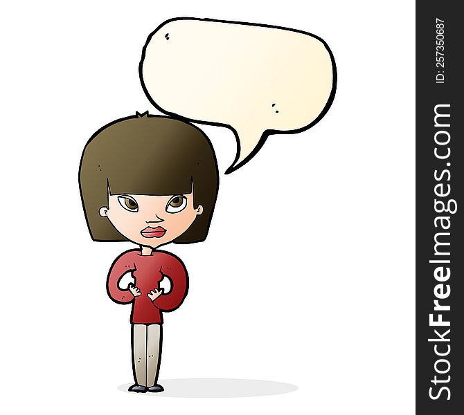 cartoon woman gesturing at herself with speech bubble