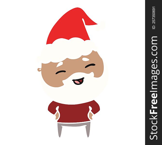 hand drawn flat color illustration of a happy bearded man wearing santa hat