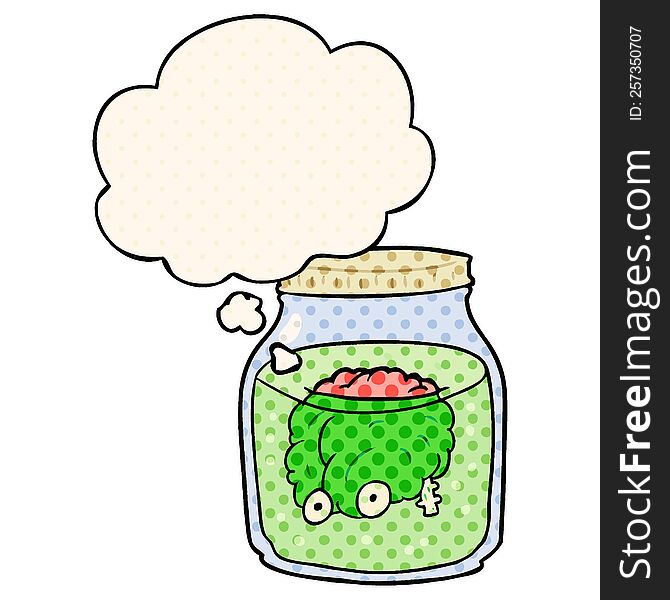 Cartoon Spooky Brain In Jar And Thought Bubble In Comic Book Style