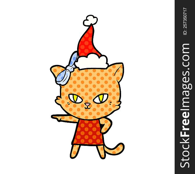 cute hand drawn comic book style illustration of a cat wearing dress wearing santa hat