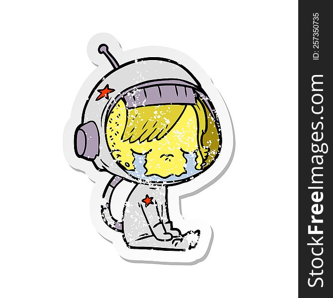 distressed sticker of a cartoon crying astronaut girl sitting