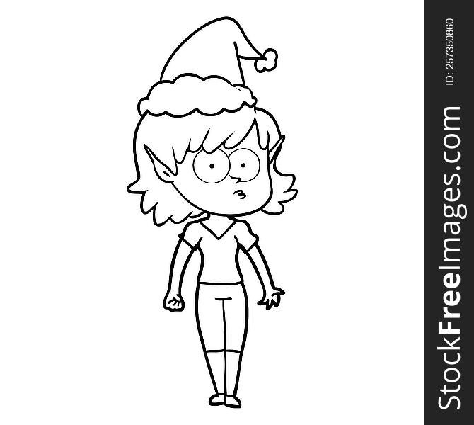 line drawing of a elf girl staring wearing santa hat