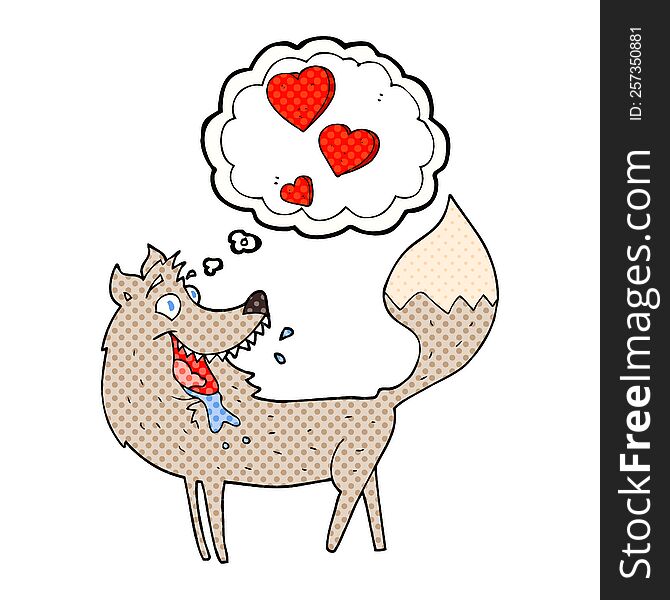 freehand drawn thought bubble cartoon wolf in love