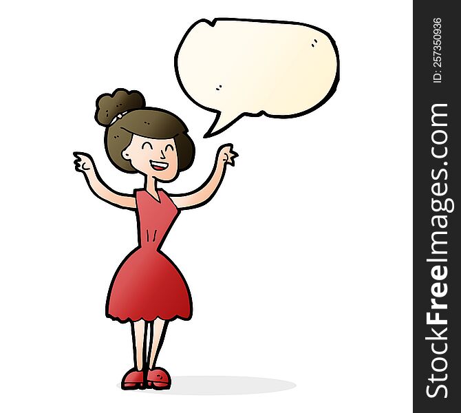 cartoon woman with raised arms with speech bubble