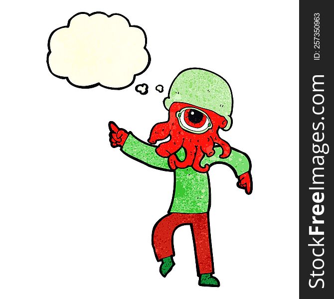 cartoon alien man dancing with thought bubble