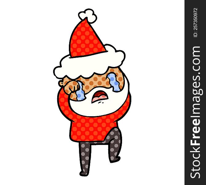 hand drawn comic book style illustration of a bearded man crying and stamping foot wearing santa hat