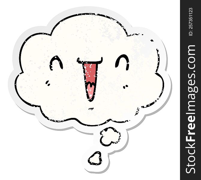 Cute Happy Cartoon Face And Thought Bubble As A Distressed Worn Sticker