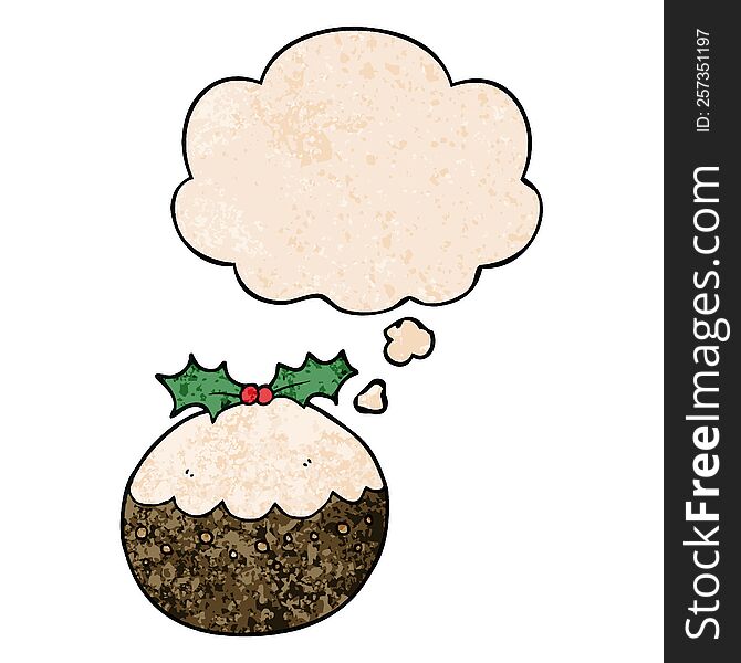 cartoon christmas pudding with thought bubble in grunge texture style. cartoon christmas pudding with thought bubble in grunge texture style
