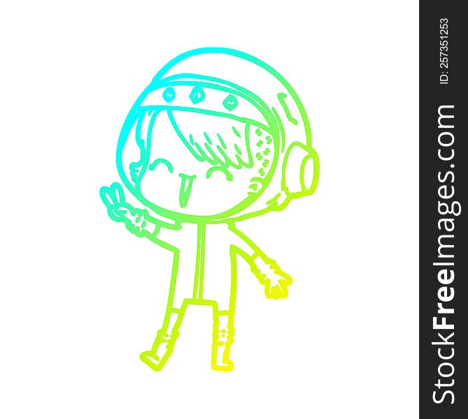 cold gradient line drawing of a happy cartoon space girl giving peace sign