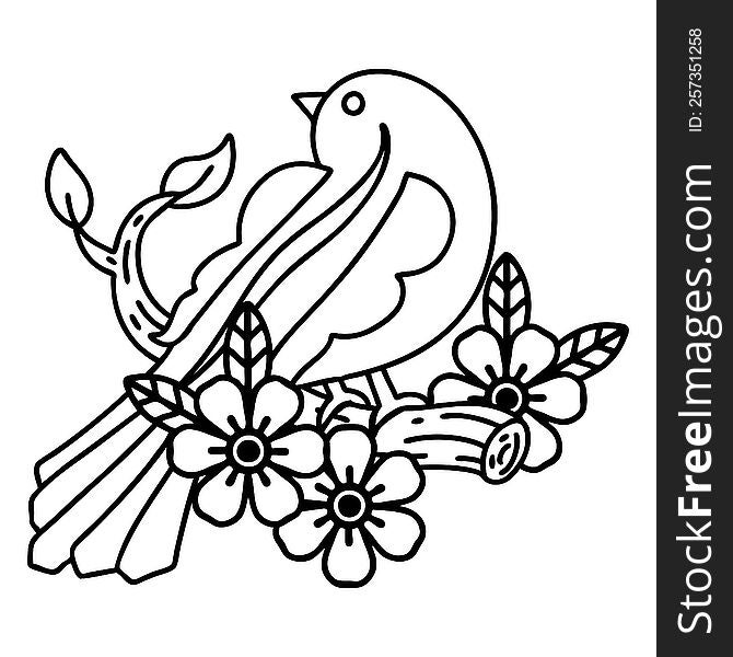 tattoo in black line style of a bird on a branch. tattoo in black line style of a bird on a branch