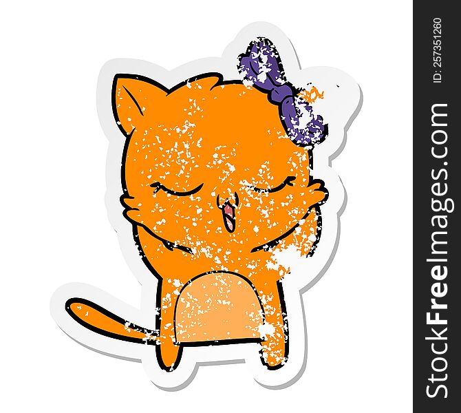 Distressed Sticker Of A Cartoon Cat With Bow On Head