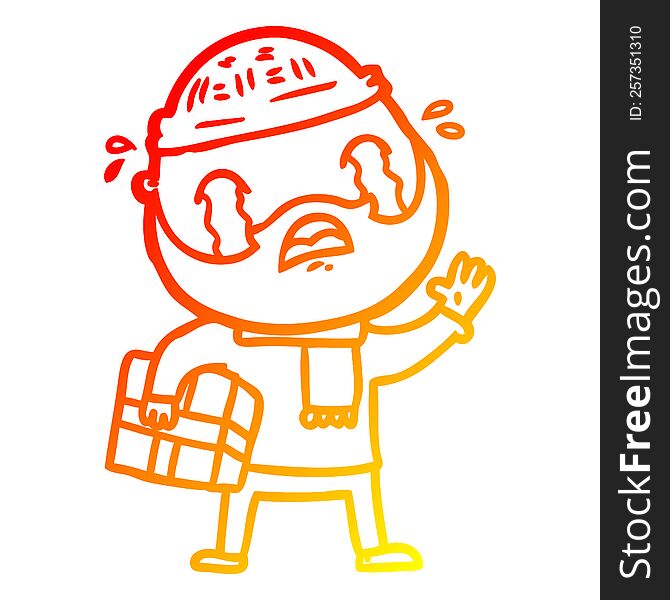 warm gradient line drawing of a cartoon bearded man crying with christmas present