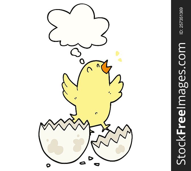 cartoon bird hatching from egg with thought bubble