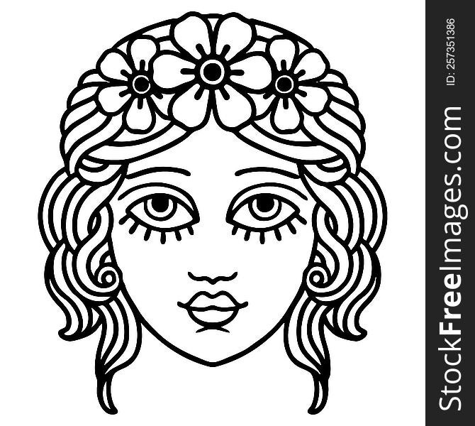 tattoo in black line style of female face with crown of flowers. tattoo in black line style of female face with crown of flowers