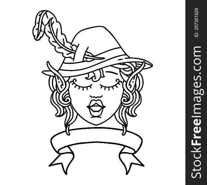 Black and White Tattoo linework Style singing elf bard character face with banner. Black and White Tattoo linework Style singing elf bard character face with banner