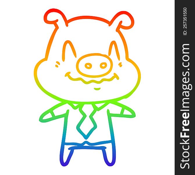 rainbow gradient line drawing of a nervous cartoon pig boss