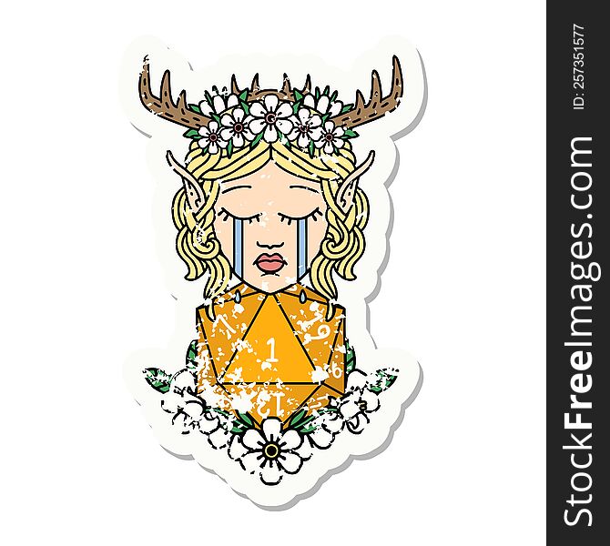grunge sticker of a crying elf druid character face with natural one D20 roll. grunge sticker of a crying elf druid character face with natural one D20 roll