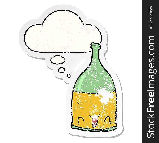 Cartoon Wine Bottle And Thought Bubble As A Distressed Worn Sticker