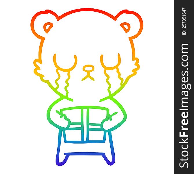 rainbow gradient line drawing of a crying cartoon bear with present