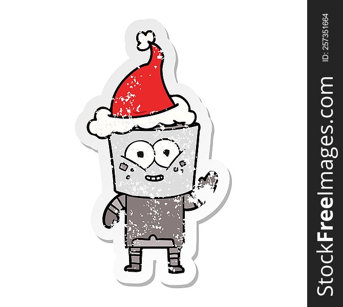 happy distressed sticker cartoon of a robot waving hello wearing santa hat