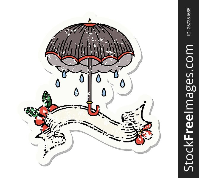 grunge sticker with banner of an umbrella and storm cloud