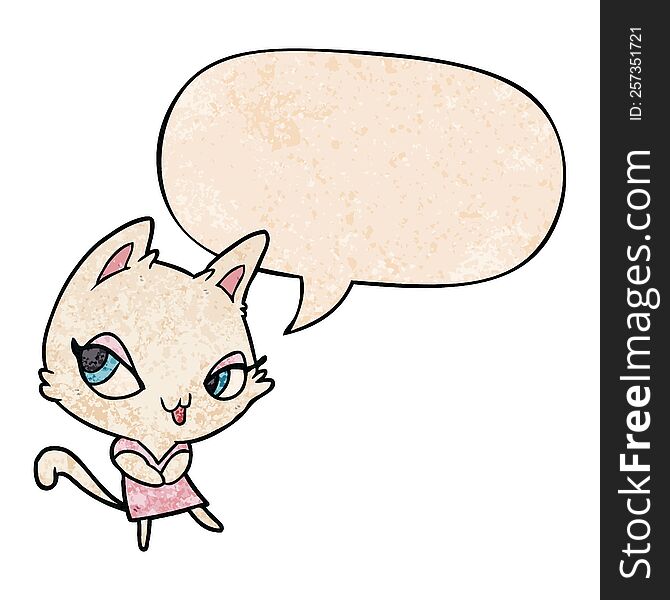cute cartoon female cat with speech bubble in retro texture style