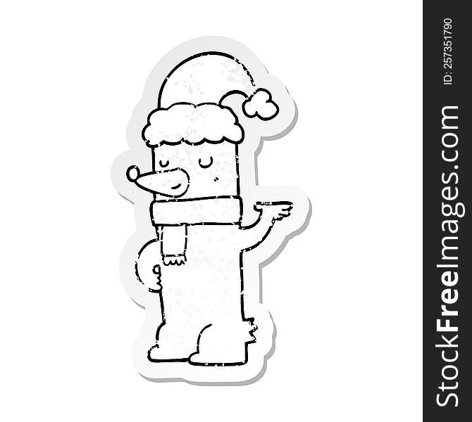 Distressed Sticker Of A Cartoon Bear Wearing Christmas Hat