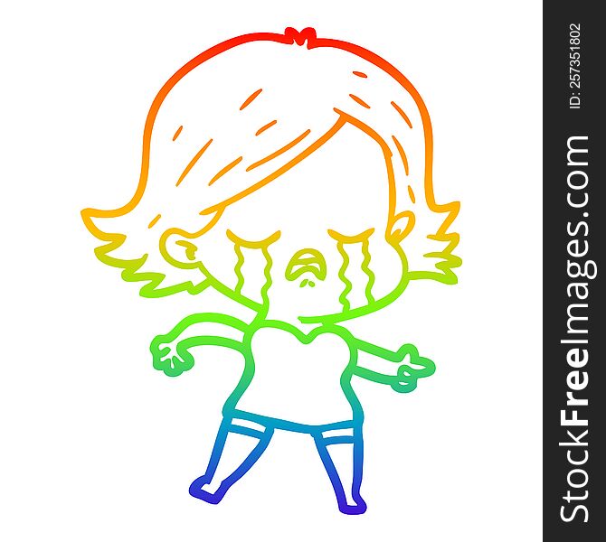 Rainbow Gradient Line Drawing Cartoon Girl Crying And Pointing