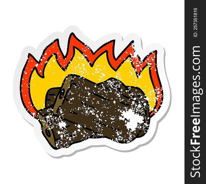 distressed sticker of a quirky hand drawn cartoon burning log