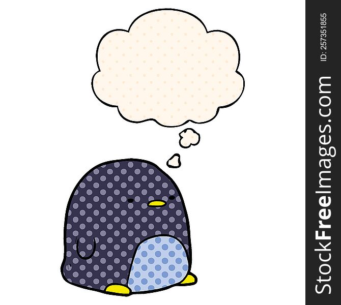 cute cartoon penguin and thought bubble in comic book style