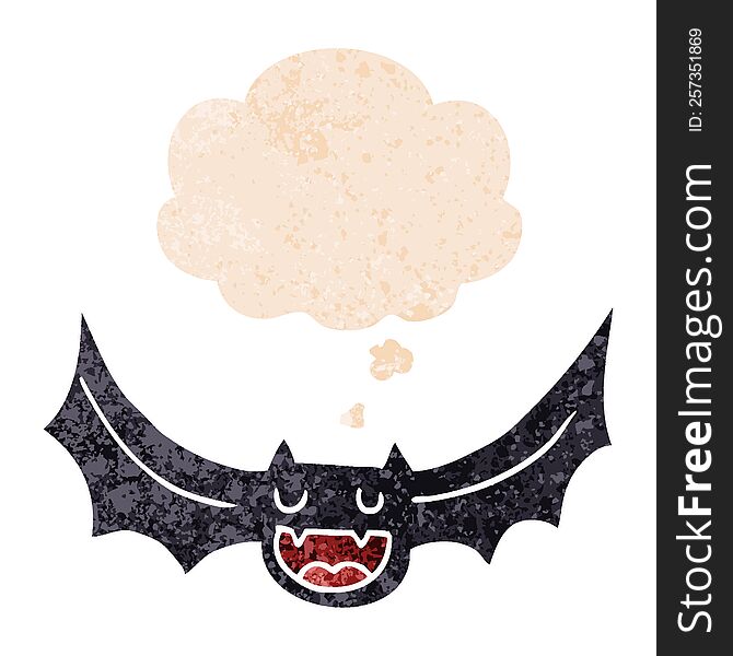 cartoon bat and thought bubble in retro textured style