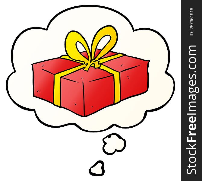 Cartoon Wrapped Gift And Thought Bubble In Smooth Gradient Style