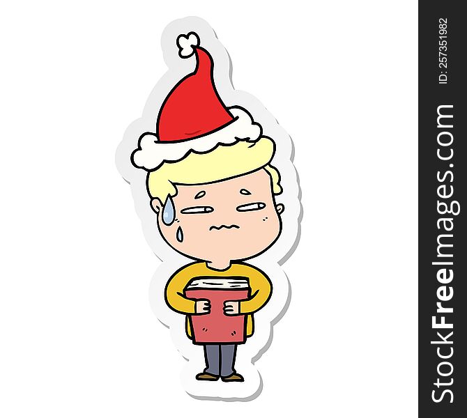 Sticker Cartoon Of A Anxious Boy Carrying Book Wearing Santa Hat