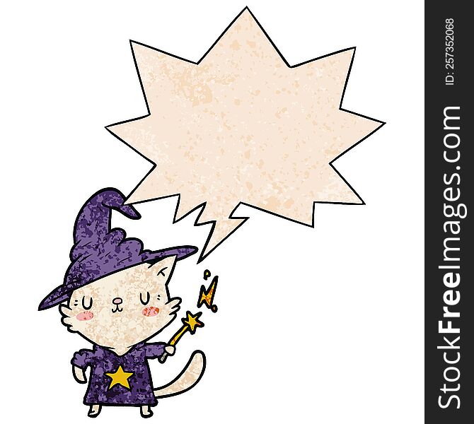 magical amazing cartoon cat wizard with speech bubble in retro texture style