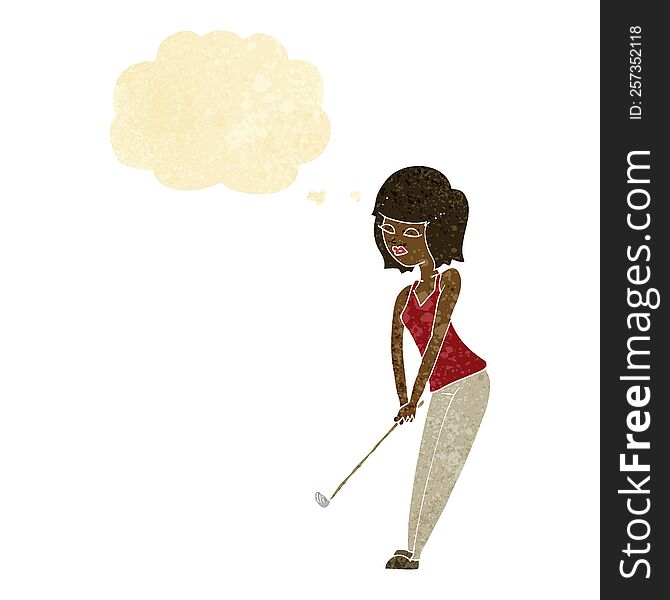 cartoon woman playing golf with thought bubble