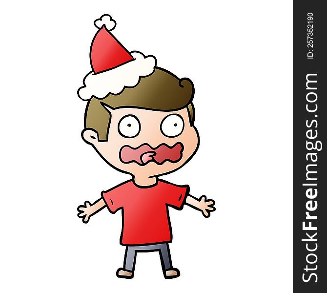 hand drawn gradient cartoon of a man totally stressed out wearing santa hat