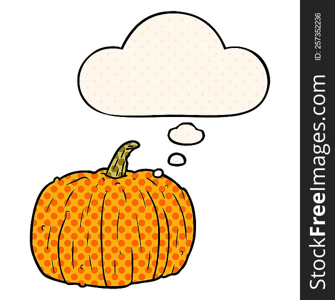 cartoon pumpkin with thought bubble in comic book style