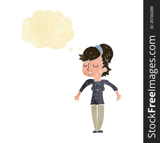 Cartoon Friendly Woman Shrugging Shoulders With Thought Bubble