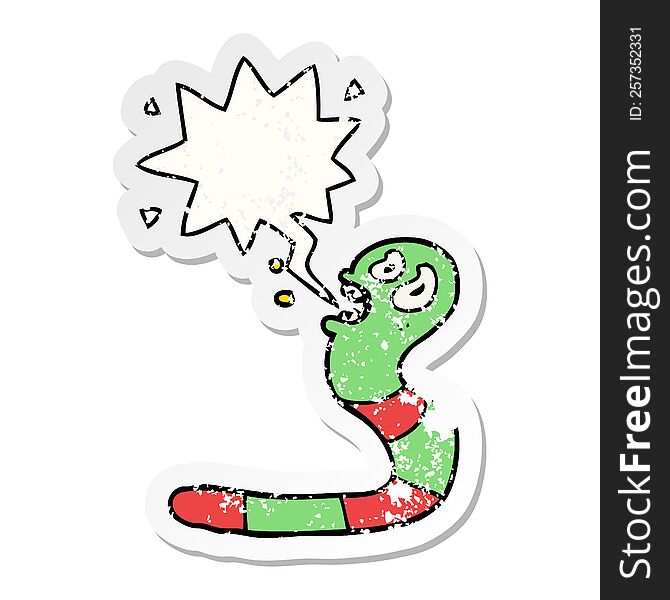 cartoon frightened worm with speech bubble distressed distressed old sticker. cartoon frightened worm with speech bubble distressed distressed old sticker